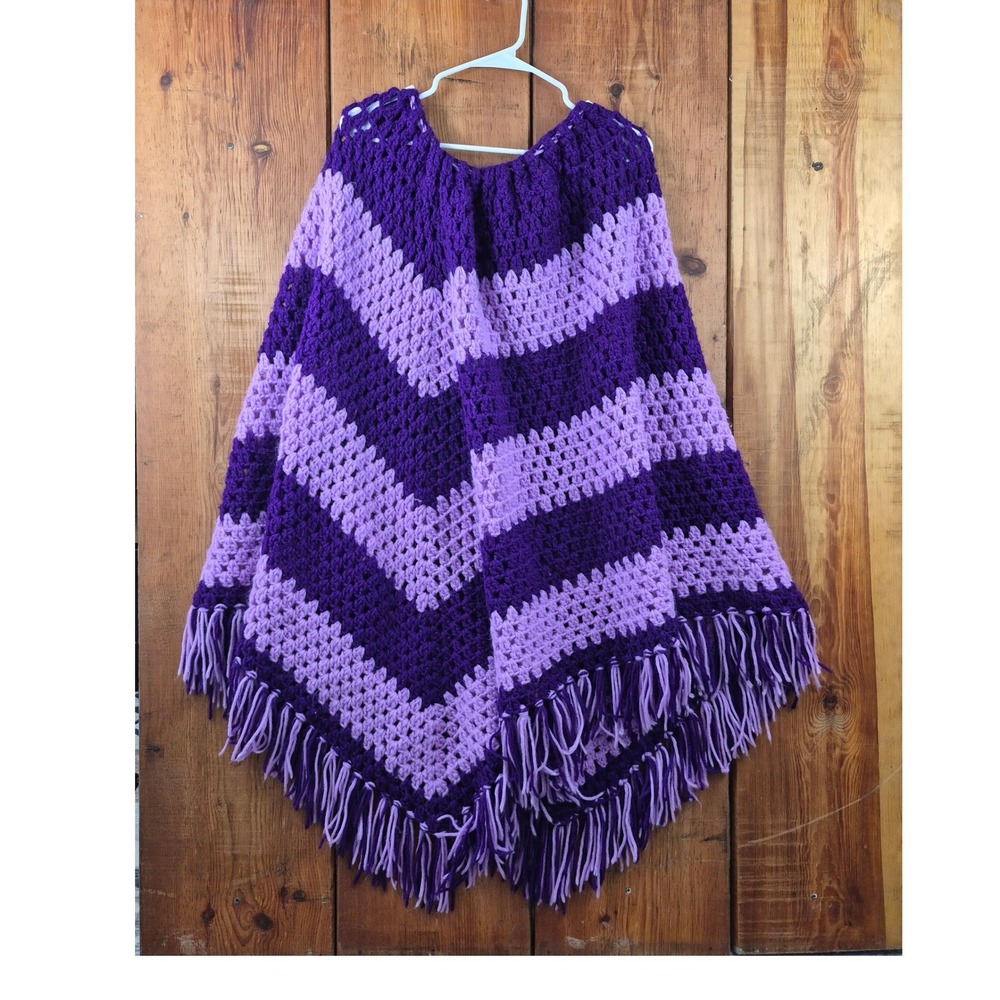 Handmade Crochet Purple Chevron Fringe Poncho Wrap Skirt One Size Warm Craft